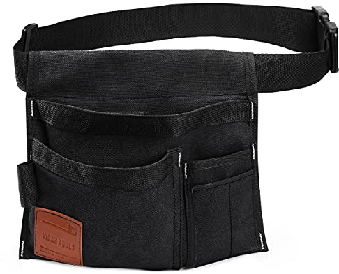 VIDAR TOOLS Einseitiger Werkzeuggürtel/Gartengürtel/Gürteltasche mit 6 Taschen für Tischler und Gärtner. Robuste Canvas-Konstruktion. Komfortabler verstellbarer Gürtel. Leicht, Schwarz.
