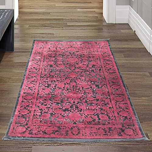 Teppich-Traum Vorleger Garderobe • hell-dunkel Effekt • glänzendes orientalisches Blumendesign in Rot auf schwarzem Hintergrund, 80x150 cm