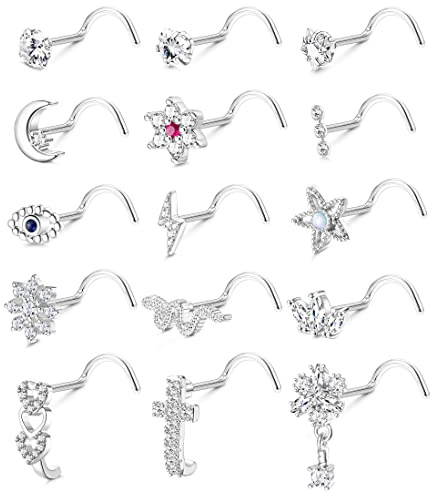ADRAMATA 15 PCS 20G Piercing Naso per Donna Uomo in Acciaio Chirurgico Naso Piercing L/Screw a Forma di Anello Naso Fiore di Serpente Argento Oro Piercing Naso Brillantino Gioielli