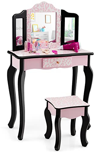 HONEY JOY Kids Vanity, Princess Makeup Vanity Set for Little Girls, Real Glass Tri-Folding Mirror, Bedroom Dressing Table & Chair Set, Wooden Girls Vanity Set w/Mirror and Stool, Pink Leopard Print