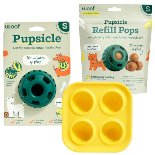 WOOF Starter Pack - Interactive Dog Ball Toy for Boredom - Dog Treat Molds Silicone - Chicken-Flavored Healthy Treats for Dogs - Pupsicle Doggy Enrichment Toy - for Small Pups - 10-25 lbs