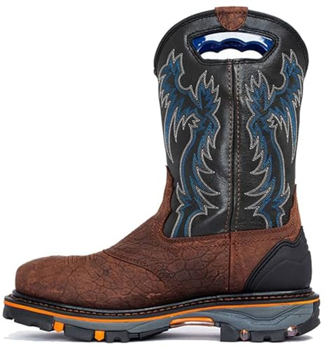 DJFOG Bottes de Cowboy occidentales en Cuir à Bout carré pour Hommes, mi-Mollet, Bottes de Travail décontractées, Bottes de Campagne brodées en Cuir, Bottes de Campagne Traditionnelles,Marron,43 EU