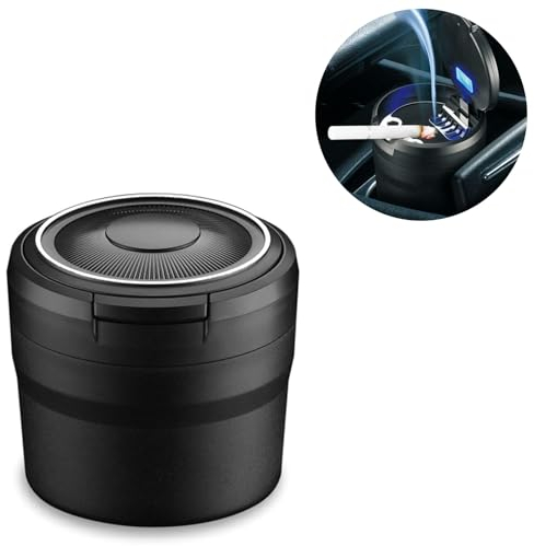 Auto Aschenbecher mit LED Licht und Deckel - Tragbarer Edelstahl Zigarettenhalter für Fahrzeug, Van, Outdoors, Camping (Schwarz)