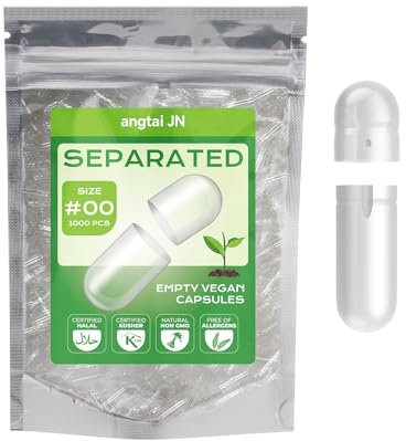 Angtai JN Taglia 00 Capsule Vuote Vegetali Separate 1000 unità,Inclusi corpo capsula e tappo capsula,Compatibile con riempitrice di capsule 00