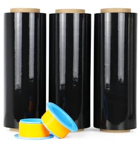 Paquete de 3 Film estirable negro, film de embalaje, film transparente 250m x 400 mm con asa de plástico, para embalaje y mudanzas, BOMEI PACK
