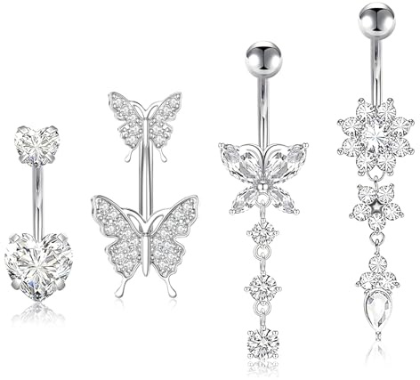 Forhandy Piercing para el ombligo, 4 unidades, acero quirúrgico, 10 mm y 12 mm, con perlas y diseño de mariposa en plata y titanio para mujer