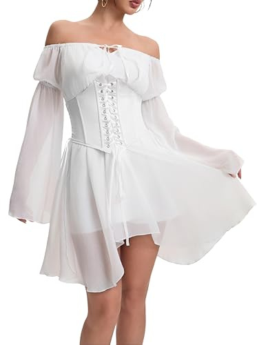 XKBHYD Conjunto de dos piezas para mujer, vestido de corsé con hombros descubiertos, manga acampanada, vestidos de gasa con cordones, mini vestido de fiesta, blanco, S