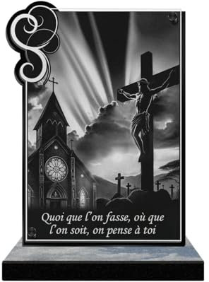 ETERNEL - Plaque Funéraire Personnalisée Cadre Ornements - Croix Jesus-Christ - Texte Personnalisable, Plaque Funéraire Gravée au Laser pour Hommage, Plaque Mortuaire, Tombale, Cérémonie