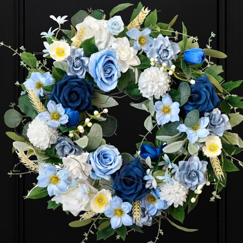 CIR OASES 22 Inch Spring/Summer Floral Wreaths for Front Door,Artificial Decoration Wreath with Rose Dahlia Hydrangea for Home Porch Wall Valentine Wedding Festival Decor(Blue)