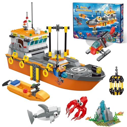 kiothdre City Ocean Explorer Ship Building Set, Fun Toy Exploration Boat Building Block Kit with LED Lights, Helicopter, Submarine, Cage, Birthday for 6 8 10 12 Years Old Boys Girls Kids