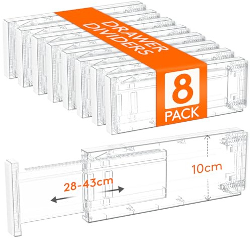 Lifewit 8 Pack 4 High Drawer Dividers 28 -43.5cm/11-17 Adjustable Kitchen Drawer Organiser, Expandable Drawer Dividers Separator for Clothes in Bedroom/Bathroom/Office Organisation & Storage Clear