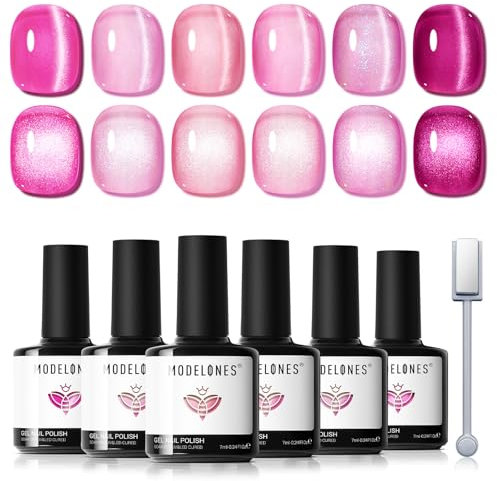 Modelones Cat Eye Gel Nail Polish 6 Colors Pink Cat Eye Translucent Summer Pink Gel Polish With Magnet Glass Shimmer Pastel Nail Kit Soak OFF Nail Art Manicure Salon DIY Gift For Women