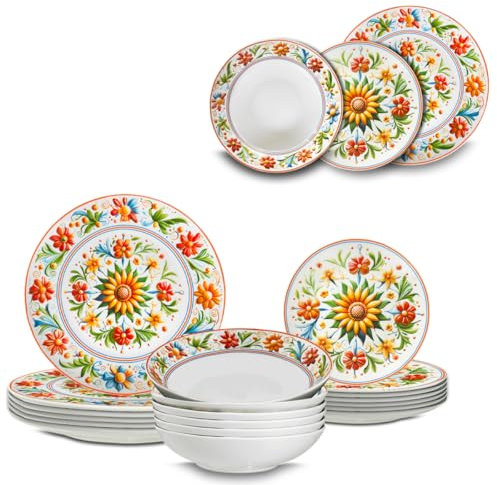 ARCA, Set 18 Piatti Coordinati Sunflower in Porcellana Decorata, Servizio per 6 Persone, con Piatti Fondi, Piani e da Dessert, Moderni e Colorati Lavabili in Lavastoviglie