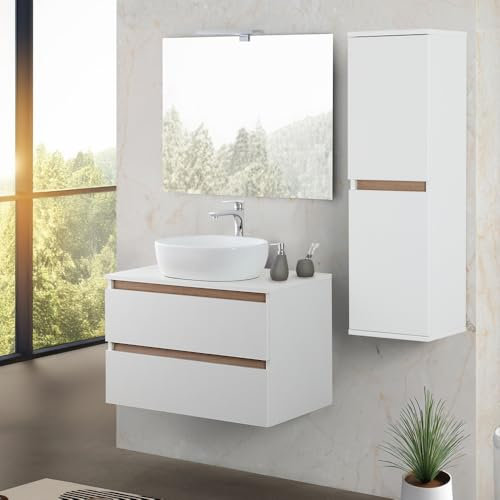 Inbagno Mobile bagno sospeso 80 cm bianco e rovere africa con 2 cassetti soft-close, lavabo da appoggio in ceramica e specchio reversibile 60x80 cm, KLEO