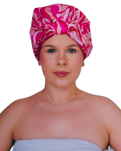 OFFTOPIC Cuffia Doccia Salva Piega interno in 100% Seta Proteggi i capelli mentre ti lavi e mantieni l'acconciatura, Adatta a tutti i tipi di Capelli e Teste (Rosa Floreale, Taglia unica)