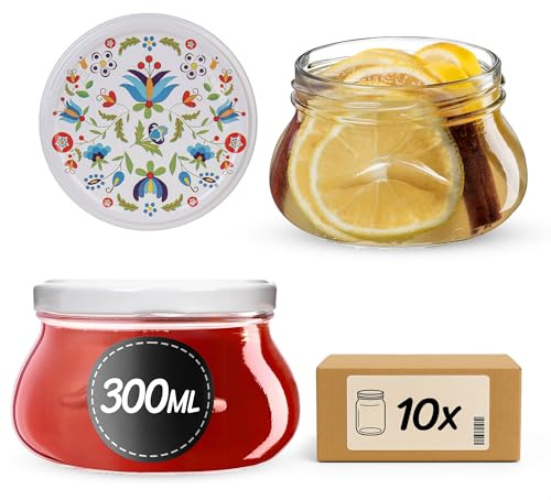 KADAX Tarros de mermelada de 300 ml con tapa de rosca fi82 mm, tarros pequeños para miel y especias, tarros de mermelada con tapa, tarros herméticos para regalar (flores, 10 unidades)