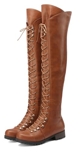 DADAWEN Women's Over The Knee Boots Square Toe Thigh High Boots with Side Zipper Lace Up Fashion Combat Boots Low Heel Fall Long Tall Boots for Women Brown US Size 7