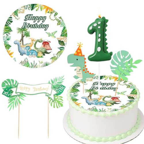 Dinosaurier Tortendeko Essbar Junge 5 Stück, Tortenaufleger Dino mit Dino Geburtstagskerzen Zahlen 1 und dino Cake Topper, dino Geburtstag Deko 1 Jahre, Junge Geburtstag Deko