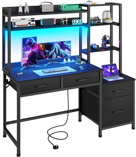 YITAHOME Computer Desk with Drawers, Home Office Corner Computer Table Storages & Shelves, Gaming Desks Workstations with LED Lights & Power Outlets, Study Table Corner Desk with File Drawer, Black