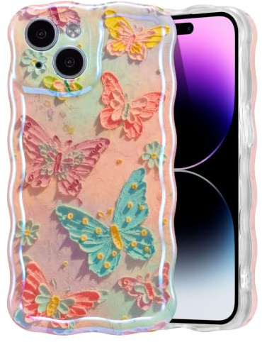 EYZUTAK Telefonfodral för iPhone 15, färgglad vintage oljemålning blomma glänsande telefonfodral lockigt vågram TPU-randig fodral skyddsfodral - fjärilar