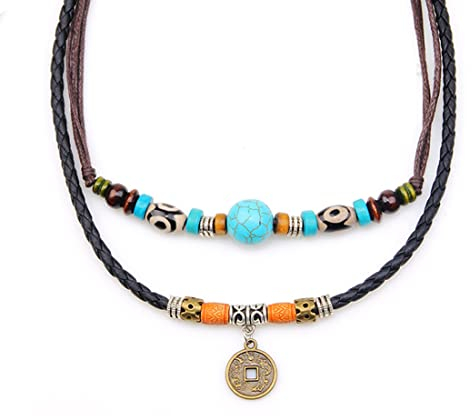 Aabellay Herren Lederkette Leder Halskette Vintage Wolfszahn Anhänger Halskette Holz Perlen Doppel Lederband Halsbänder Hanf Leder Türkisfarbene Münzen Retro Tribal Kette Anhänger Halskette Schmuck