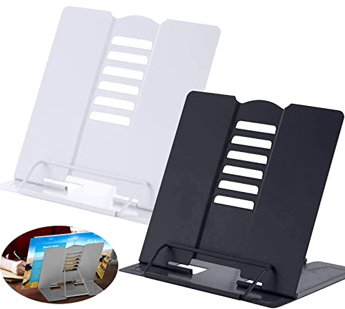 2 Pezzi Leggio in Metallo per Libro, Supporto per Ricettario Regolabile 6 Altezze Regolabile Lettura Porta Libri per la Cucina Ufficio Scuola Libri, Cuochi, Ricette, iPad, Tablet (Nero+Bianco)