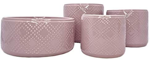 Spring-Set Prickad Pflanzgefäße aus Keramik 4 Teile 3X Übertopf und Schale – dekorative Blumentöpfe für Fensterbank, Balkon, Garten – Frühlingsdeko, Pflanzset, Innen & Außen (Altrosa)