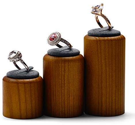 Oirlv Massivholz Ringständer 3 Stück Zylindrische Schmuck Vitrine Ring Display Stand(Dunkelgrau)