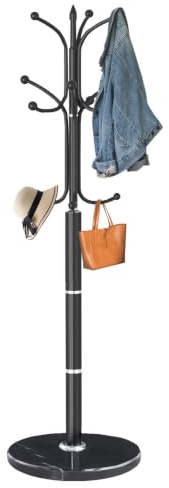 Snaikor Metal Coat Rack Freestanding, Sturdy Coat Rack Stand with Natural Marble Base, Modern Black Coat Racks Tree Hats Hanger Holder Stand for Entryway, Hallway, Office(12 Hooks)