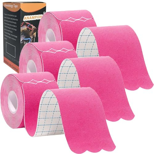 ANAMPION Kinesiologitejp 3 rullar, kinesiologitejp för fysik, vattentät kinesiotejp för knä, armbåge och axel (rosa, förklippt våg 3 rullar)