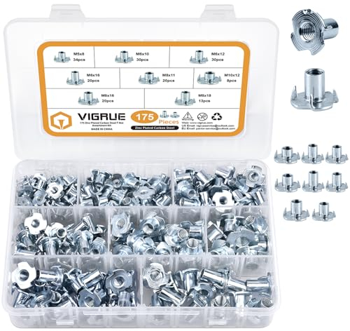 VIGRUE 175 PCS Einschlagmuttern Set mit 4 Einschlagspitzen, verzinkter Stahl wahlweise in M5 M6 M8 M10,Vier-Prong Nüsse Einschlaggewinde zur Befestigung von Bauteilen, für Holz Kunststoff, Möbel