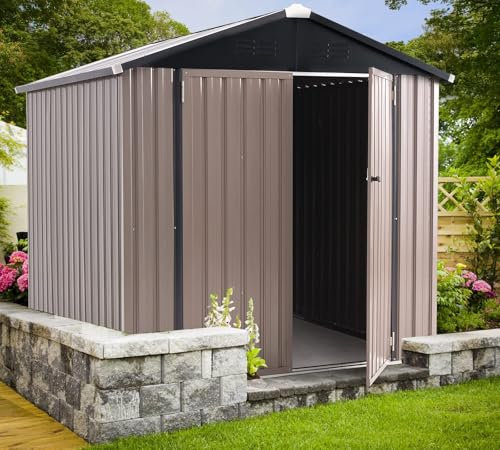 YODOLLA 6x6ft Outdoor Storage Shed, Bike Tool Garden Metal Sheds With Lockable Door Galvanised Steel Garden Storage Grey