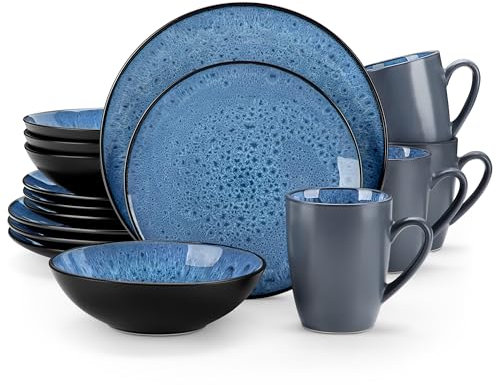 Geschirrset Steinzeug, vancasso BUBBLE 16-tlg Geschirr Set blau, Reaktive Glasur Tafelservice mit Teller Set, Schalen und Tassen Set aus Steingut, für 4/8/12 Personen