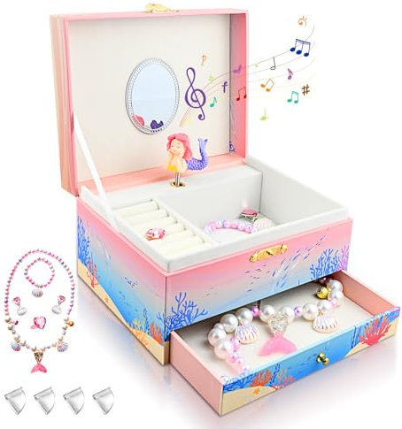 KOMABLEN Sirène Boîte à Bijoux Fille, Boite Musique Enfant avec Miroir, Boîte à Musique avec 4 Parure de Bijoux et Protege Angle, Sirene Cadeau d'Anniversaire pour 3-10 ans