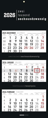 Alpha Edition - 3-Monatskalender Black 2026 - Büro-Kalender 33x20 cm (geschlossen), 33x80 cm (geöffnet) - faltbar - mit Datumsschieber