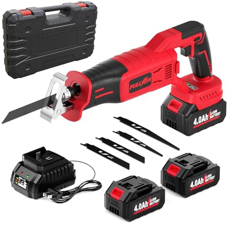 FULLYEA Reciprocating Saw Cordless, 0-3500 SPM Power Reciprocating Saw, Tool-Free Blade Change, Brushless Recipro Saws with 2 * 4.0Ah Battery & 4 Blades, Cordless Saw for Wood/Metal/Plastic Cutting