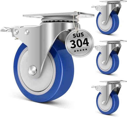 Humagineer Ruote in Acciaio Inox con Alta Durezza per Carrelli Pesanti con Freni, 100mm Ruote per Mobili Capacità di 800kg, Rotelle Girevoli Resistenti al Calore per Uso Industriale e Ambienti Umidi