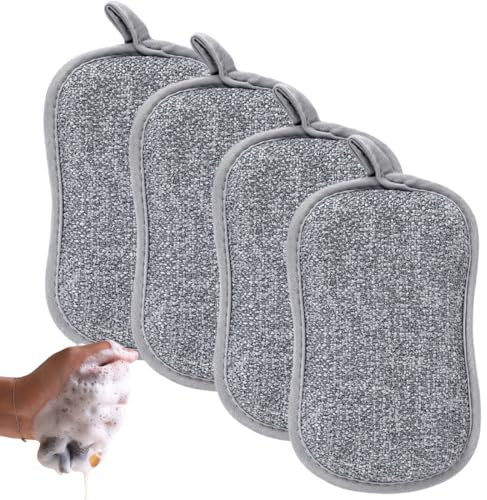 BEPSYOM Set 4 Spugne Lavabili per Piatti e Cucina con Microfibra e 2 Lati Potenti, Spugne Abrasive per Pulizia Profonda di Sporco Ostinato 16x9 cm