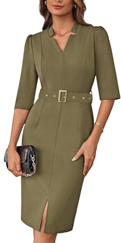 GRACE KARIN Women's Evening Dresses Fashion Slim Fit Business Work Midi Dresses with Belt Gray Green XXL