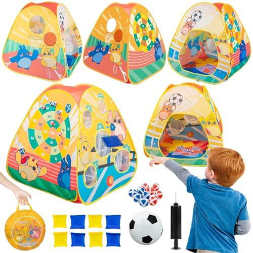 JOY SPOT! 5 in 1 Pop-Up Kinderzelt, Faltbares Kinder Spielzelt Indoor, Wurfspiel Dartscheibe, Sitzsack, Fußball, Klettbälle,Outdoor Garten Spielhaus für Jungen Mädchen, Partyspiele, Geburtstageschenk