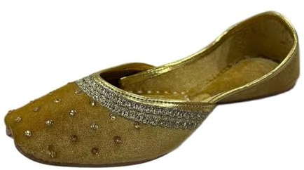 Step n Style Handmade Women Velvet Punjabi Jutti Ethnic Flat Shoes – Gold Traditional Indian Footwear for Casual & Festive Wear