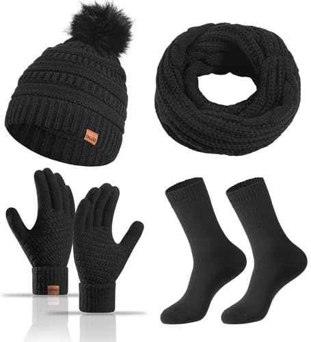 MAZELIKEHOOD Set Sciarpa Cappello Guanti Calzino Donna Caldo Cappello di Bobble con Sciarpa a Maglia e Guanti Tessuto Morbido e Comodo Invernale Ideale per Regalo di Natale Accessori Inverno Moda
