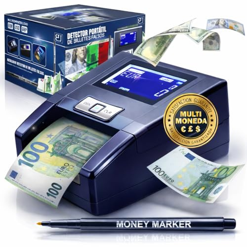 B&J SecureTech® - PACK De Detector De Billetes Falsos 2026 PORTÁTIL + Rotulador Billetes Falsos | 100% DETECCIÓN Y FIABILIDAD Para 3 Divisas EUR, GBP, USD | Contador De Billetes Con Batería Recargable