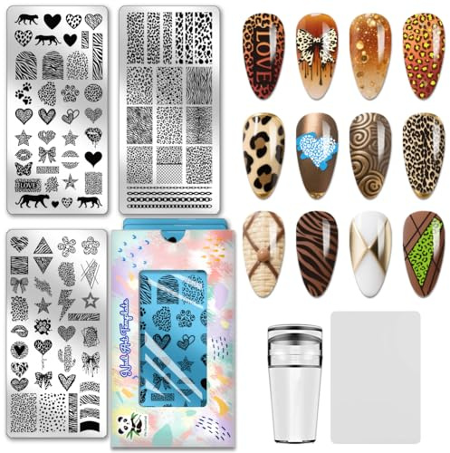 PH PandaHall 3 piezas Placas de Estampación de Uñas con Estampado de Leopardo Plantillas de Arte de Uñas con Estampado de Animales Líneas Geométricas Sellos de Diseño de Uñas con Forma de Corazón y