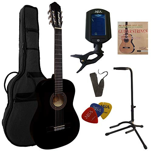 MSA 4/4 Gitarre für Anfänger, Gitarrenset mit Tasche Stimmgerät und Gitarrenständer STARTERSET schwarz