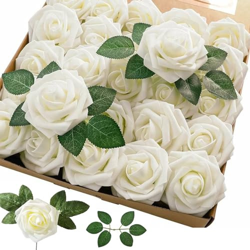 Hiuyavy 25Pcs White Roses, Artificial Rose Flowers, Fake Foam Roses Real Touch Foam Artificial Flowers with Stem Faux White Rose for Home Wedding Bouquets Decorations
