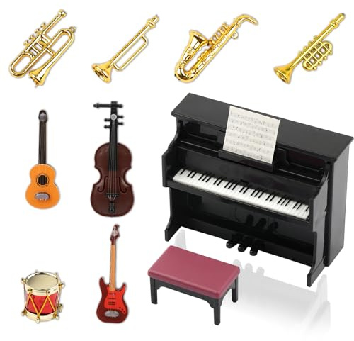 Lot de 11 instruments miniatures pour maison de poupée - Modèle 1:12 - Piano violon - Guitare électrique - Saxophone pour décoration de maison de poupée - Mini salle de musique - Accessoires de lutin