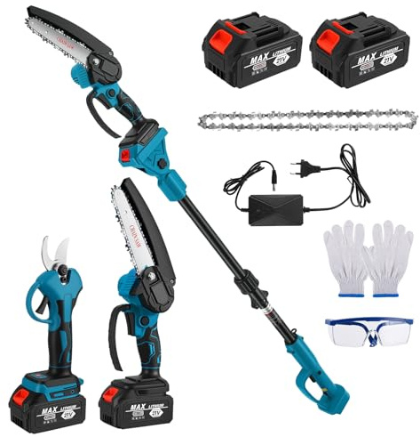 Motosierra 4 en 1 con batería, podadora y tijeras de podar con telescópica de 2 m, minisierra de cadena de 8 pulgadas, tijeras de podar de 25 mm/30 mm, motor sin escobillas, 2 baterías de 3,0 Ah y 21