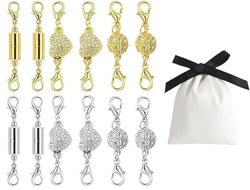 RhiVrillion 12 Piezas Cierres Magnéticos para Pulseras y Collares, Broche Cierre Clip Magnético con 3 Diseños (Oro y Plata), para Hacer y Ajustar Joyería DIY