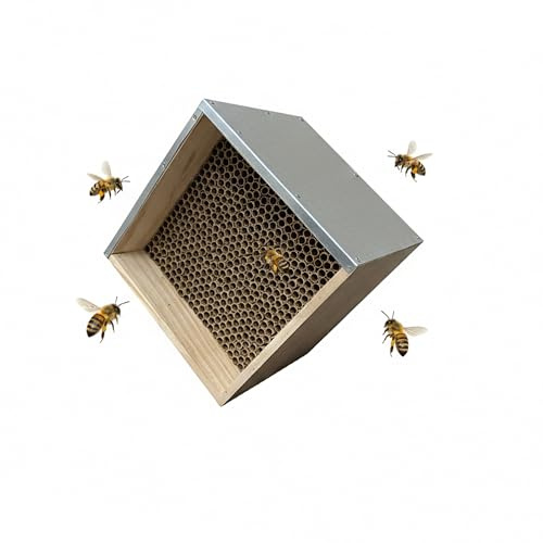 Relaxdays Hotel para Abejas en Madera con Techo metálico galvanizado, Tubos de cartón, jardín, Colgar, Natural/Plateado